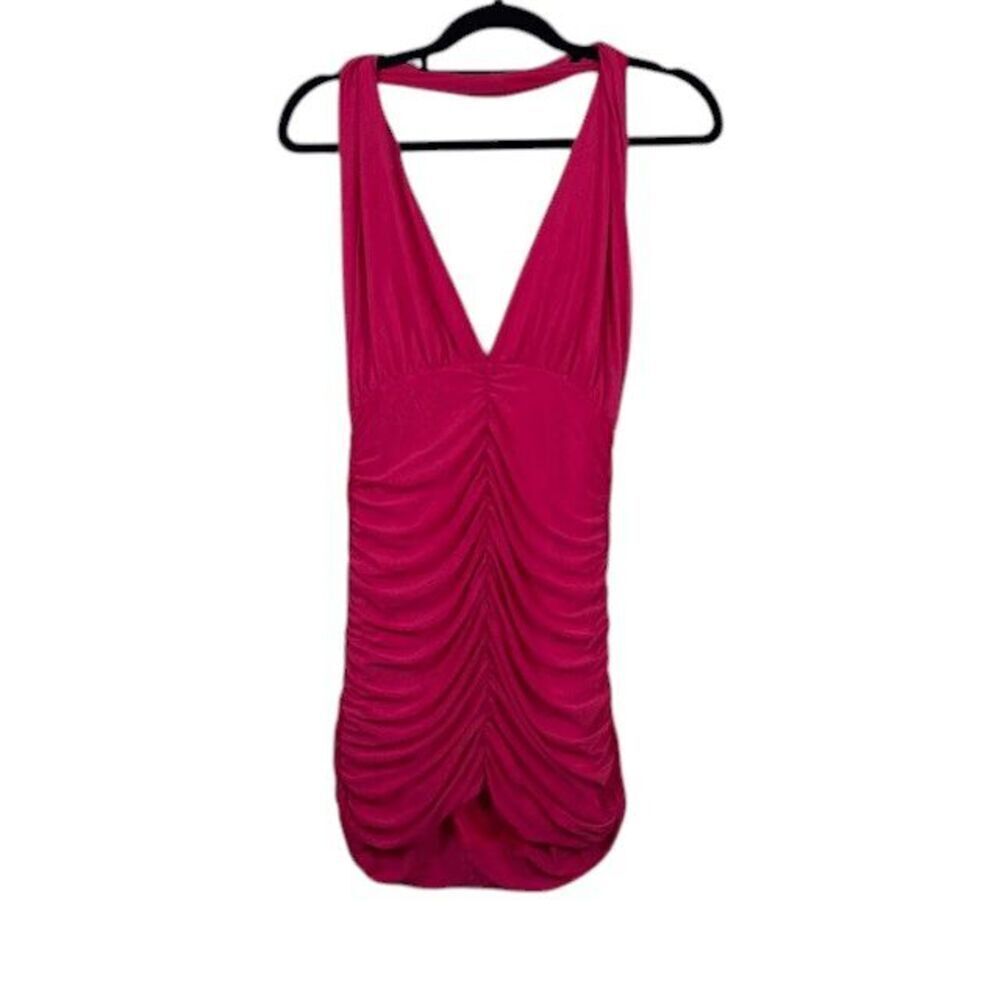 Pretty Little Thing Pink‎ Mesh Extreme Plunge Ruched Bodycon Dress Halter Size 4 - Picture 2 of 12